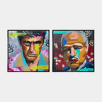Zestaw 2 obrazów na płótnie w stylu pop-art przedstawiający ikony kina gangsterskiego, wydruk galeryjny, sztuka nowoczesna.