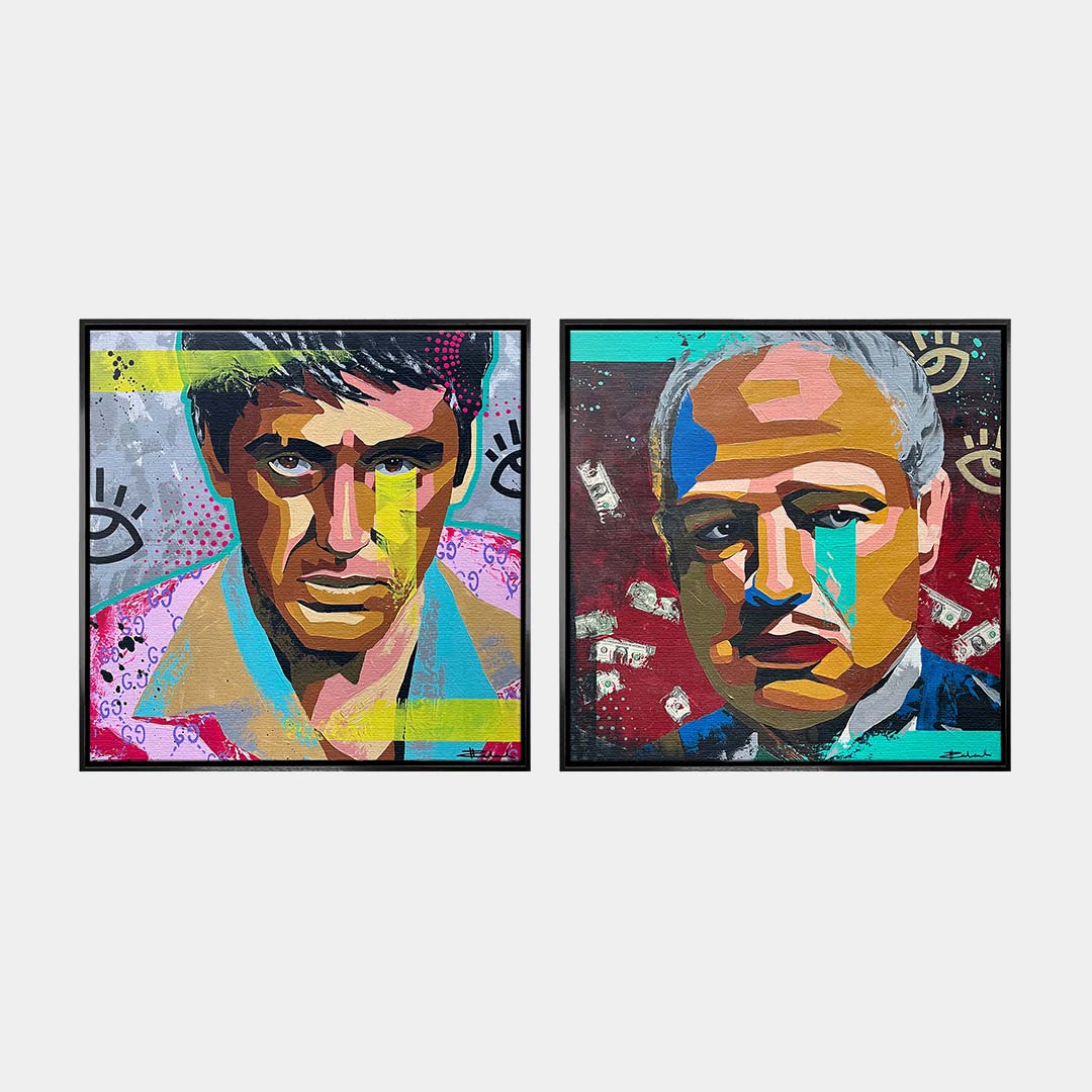 Zestaw 2 obrazów na płótnie w stylu pop-art przedstawiający ikony kina gangsterskiego, wydruk galeryjny, sztuka nowoczesna.