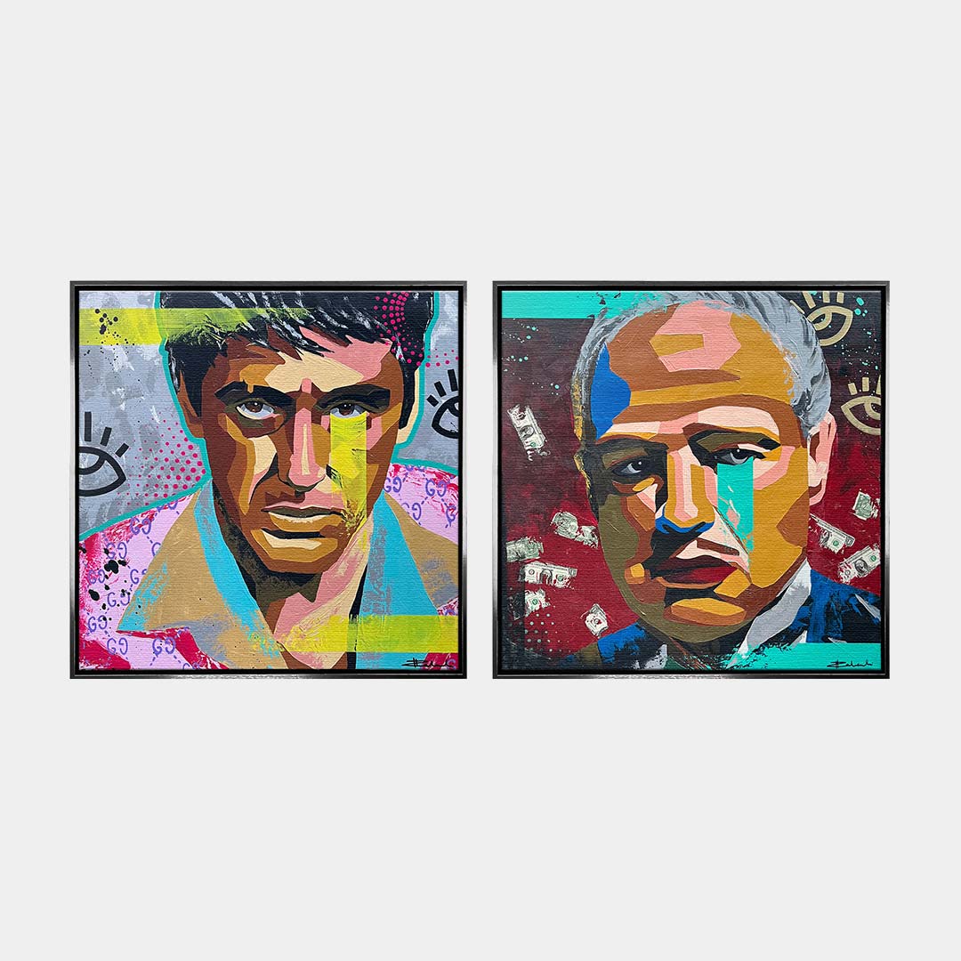 Zestaw 2 obrazów na płótnie w stylu pop-art przedstawiający ikony kina gangsterskiego, wydruk galeryjny, sztuka nowoczesna.