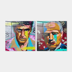 Zestaw 2 obrazów na szkle akrylowym w stylu pop-art przedstawiający ikony kina gangsterskiego, wydruk galeryjny, sztuka nowoczesna.
