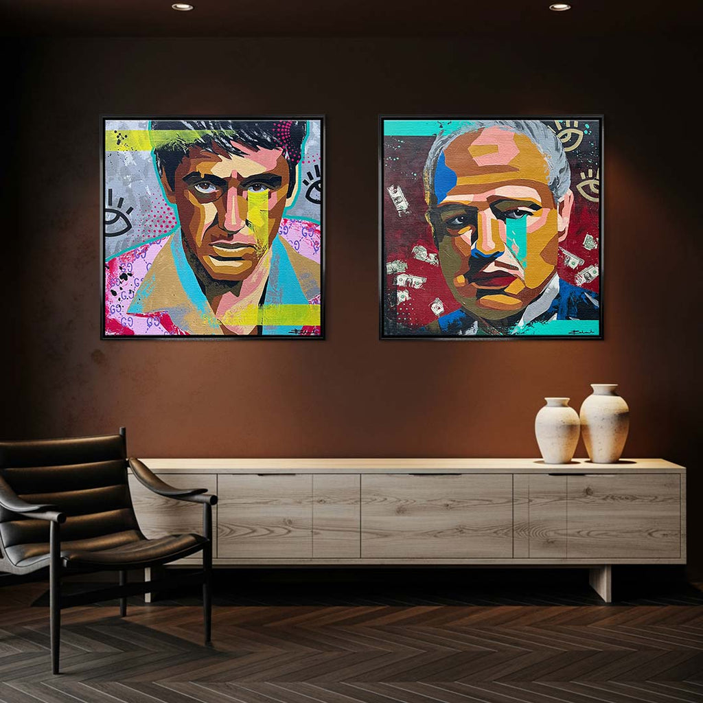 Zestaw 2 obrazów na płótnie w stylu pop-art przedstawiający ikony kina gangsterskiego, wydruk galeryjny, sztuka nowoczesna.