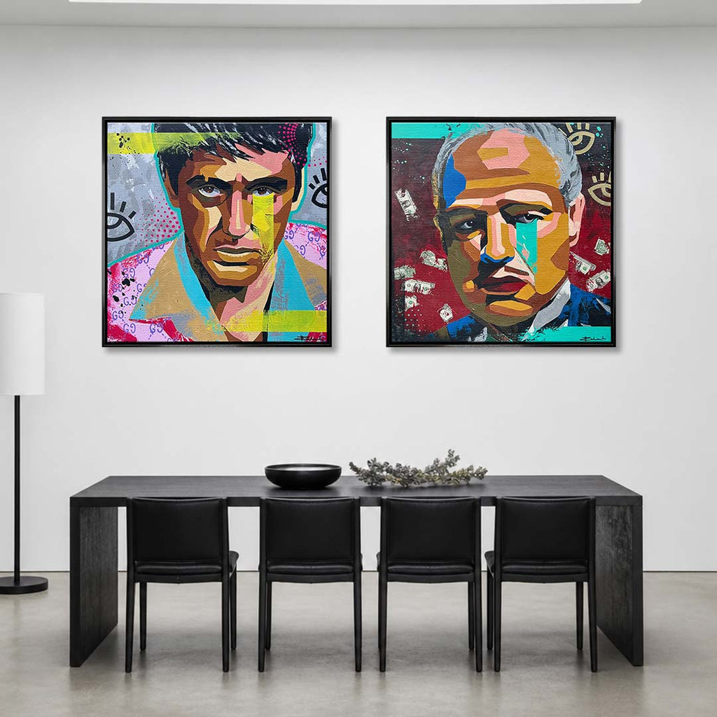 Zestaw 2 obrazów na płótnie w stylu pop-art przedstawiający ikony kina gangsterskiego, wydruk galeryjny, sztuka nowoczesna.
