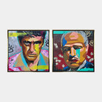 Zestaw 2 obrazów na płótnie w stylu pop-art przedstawiający ikony kina gangsterskiego, wydruk galeryjny, sztuka nowoczesna.