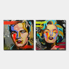 Zestaw 2 obrazów na płótnie w stylu pop-art przedstawiający kolorowe portrety ikonicznej wokalistki i gwiazdy kina, wydruk galeryjny.