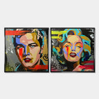Zestaw 2 obrazów na płótnie w stylu pop-art przedstawiający kolorowe portrety ikonicznej wokalistki i gwiazdy kina, wydruk galeryjny.