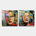 Zestaw 2 obrazów na płótnie w stylu pop-art przedstawiający kolorowe portrety ikonicznej wokalistki i gwiazdy kina, wydruk galeryjny.