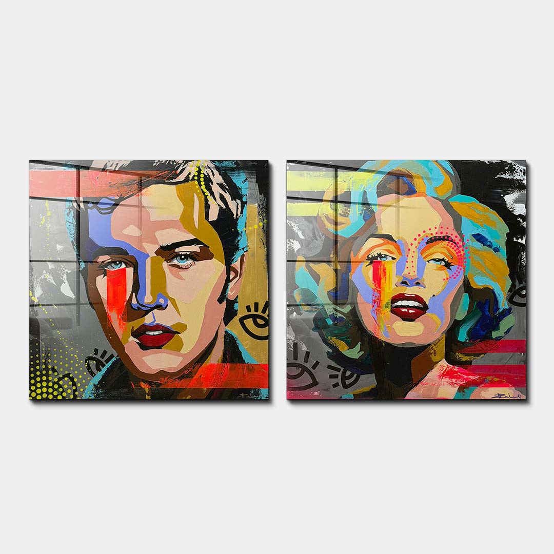 Zestaw 2 obrazów na płótnie w stylu pop-art przedstawiający kolorowe portrety ikonicznej wokalistki i gwiazdy kina, wydruk galeryjny.