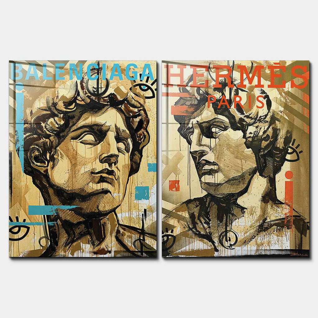 Zestaw 2 obrazów na szkle akrylowym  sztuka współczesna przedstawiająca rzeźbę klasyczną w stylu street art z błękitnym i pomarańczowym napisem modowym, wydruk galeryjny.
