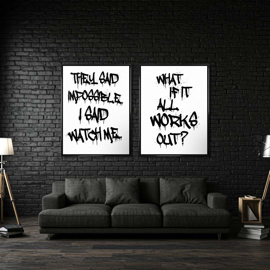 Zestaw 2 obrazów na płótnie z czarnymi napisami graffiti na białym tle. Motywacyjne napisy. Wydruk galeryjny w stylu streetwear, motywacja do biura.
