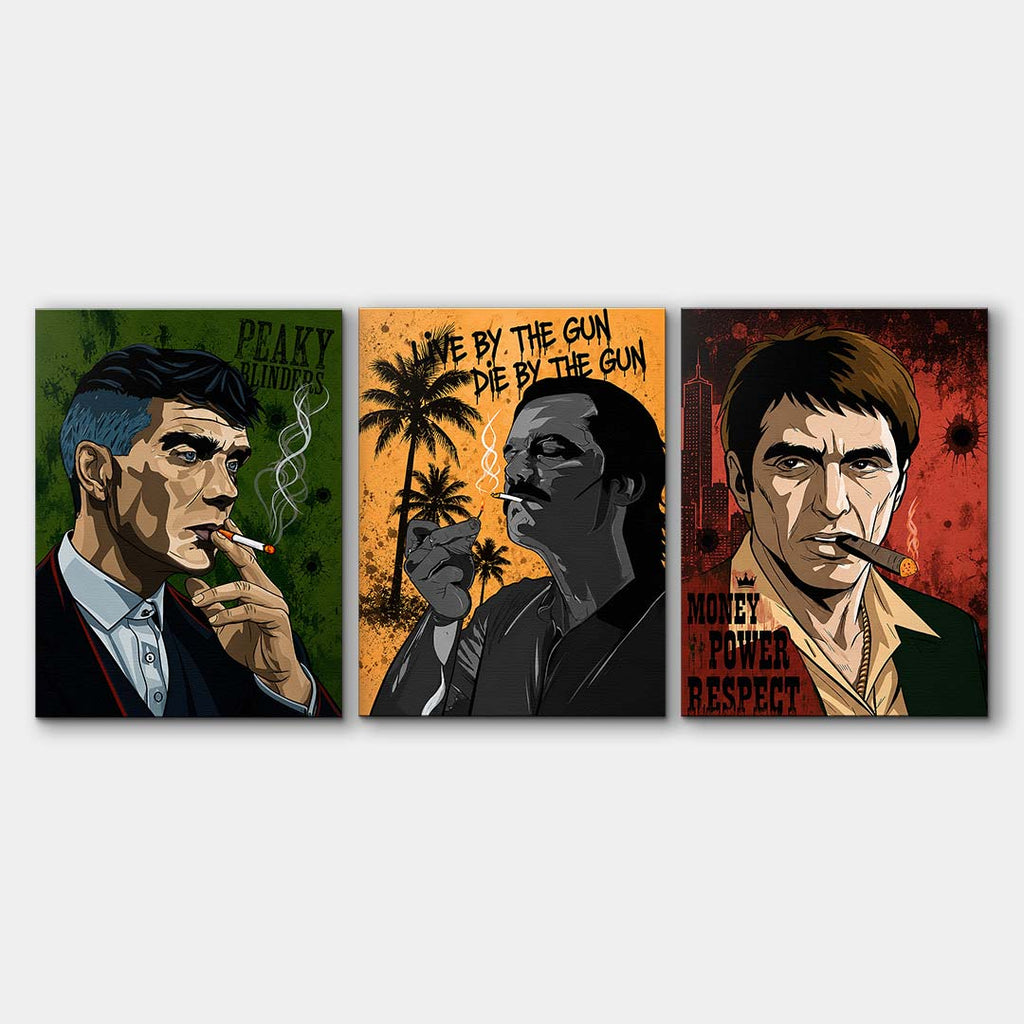 Zestaw 3 obrazów na płótnie, obrazy z gangsterskimi postaciami, kolorowy styl  popart, styl kreskówkowy. Wyraźne detale i żywe kolory. Galeryjny i ostry wydruk na płótnie.