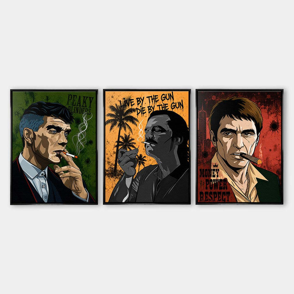 Zestaw 3 obrazów na płótnie, obrazy z gangsterskimi postaciami, kolorowy styl  popart, styl kreskówkowy. Wyraźne detale i żywe kolory. Galeryjny i ostry wydruk na płótnie.