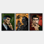 Zestaw 3 obrazów na płótnie, obrazy z gangsterskimi postaciami, kolorowy styl  popart, styl kreskówkowy. Wyraźne detale i żywe kolory. Galeryjny i ostry wydruk na płótnie.