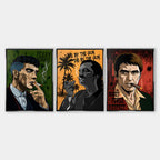 Zestaw 3 obrazów na płótnie, obrazy z gangsterskimi postaciami, kolorowy styl  popart, styl kreskówkowy. Wyraźne detale i żywe kolory. Galeryjny i ostry wydruk na płótnie.