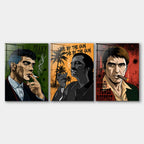Zestaw 3 obrazów na płótnie, obrazy z gangsterskimi postaciami, kolorowy styl  popart, styl kreskówkowy. Wyraźne detale i żywe kolory. Galeryjny i ostry wydruk na płótnie.