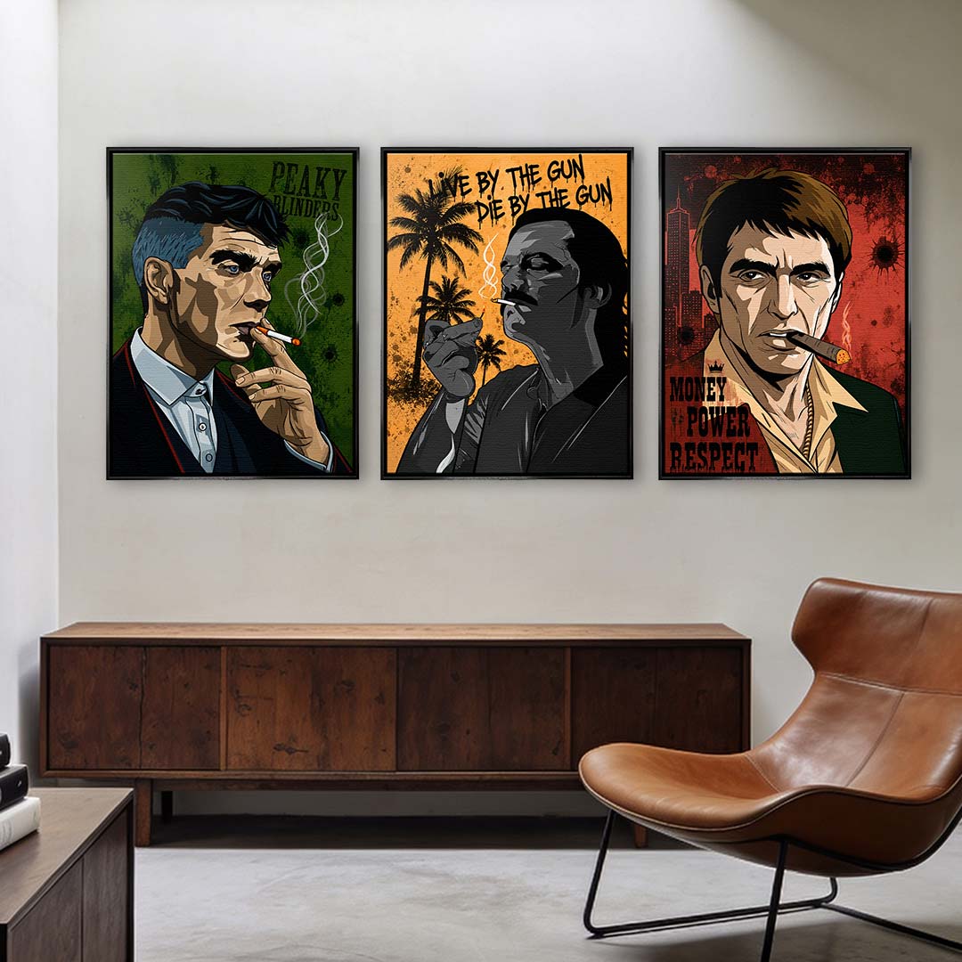 Zestaw 3 obrazów na płótnie, obrazy z gangsterskimi postaciami, kolorowy styl  popart, styl kreskówkowy. Wyraźne detale i żywe kolory. Galeryjny i ostry wydruk na płótnie.