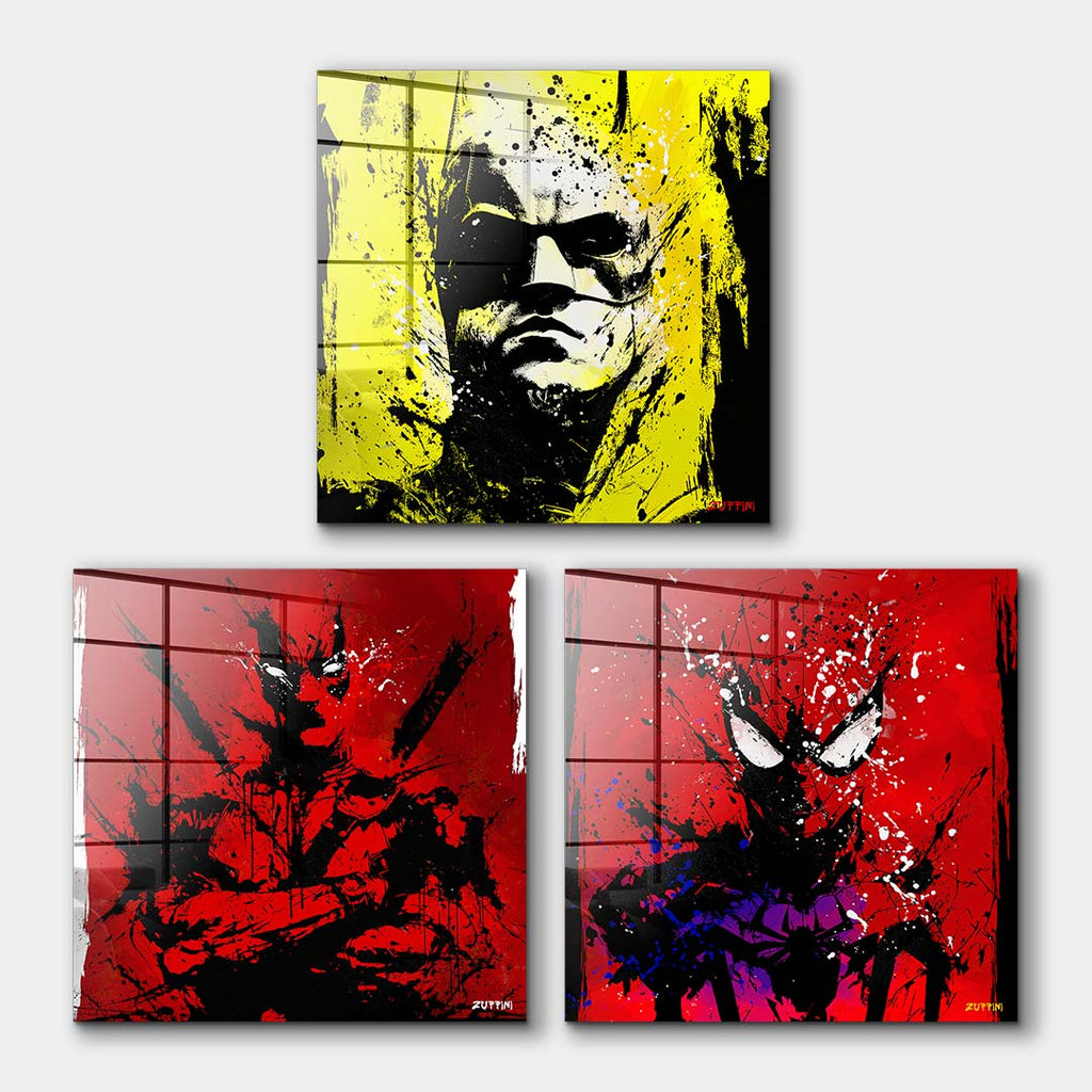 Zestaw 3 obrazów na szkle akrylowym przedstawiający portrety komiksowych bohaterów w stylu street art z rozbryzgami farby, wydruk galeryjny.