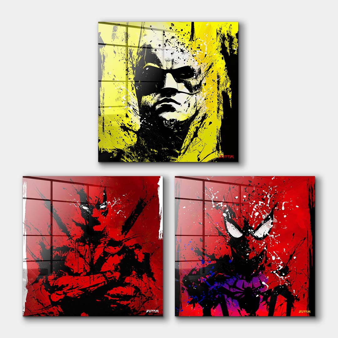 Zestaw 3 obrazów na szkle akrylowym przedstawiający portrety komiksowych bohaterów w stylu street art z rozbryzgami farby, wydruk galeryjny.