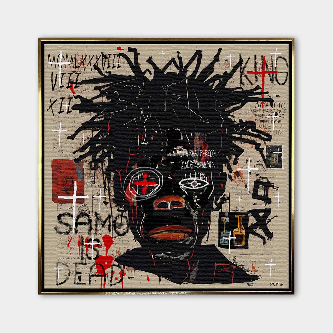 Obraz na płótnie Black Legend, wydruk galeryjny w stylu Jean-Michel Basquiat, nowoczesna sztuka neoekspresjonistyczna, czarny portret graffiti, marka Huephant.