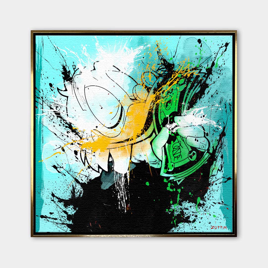 Nowoczesny obraz na płótnie Duck Cash Splatter, wydruk galeryjny pop-art, postać kaczki trzymającej gotówkę w stylu graffiti, marka Huephant, limitowana edycja 84 sztuk.