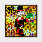 Obraz na płótnie Scrooge Cash. Nowoczesna sztuka i wydruk galeryjny pop-art ze Sknerusem McKwaczem, plikiem banknotów, graffiti i luksusowym monogramem.