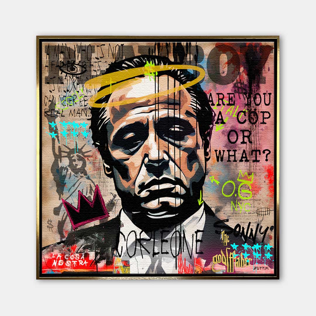 Obraz na płótnie Godfather Pop Icon. Nowoczesny pop-art i street-art z twarzą Don Corleone. Ekskluzywny wydruk galeryjny idealny do biura i salonu.