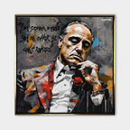 Obraz na płótnie Godfather Offer. Nowoczesna sztuka i wydruk galeryjny z portretem Ojca Chrzestnego i kultowym cytatem o ofercie nie do odrzucenia.