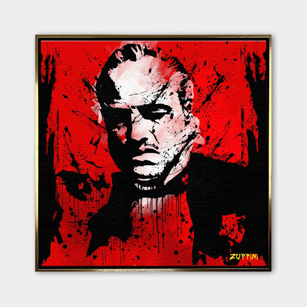 Obraz na płótnie Godfather Red, portret Don Vito Corleone w stylu pop-art i graffiti, czerwone tło, wydruk galeryjny Huephant, limitowana edycja 84 sztuk.