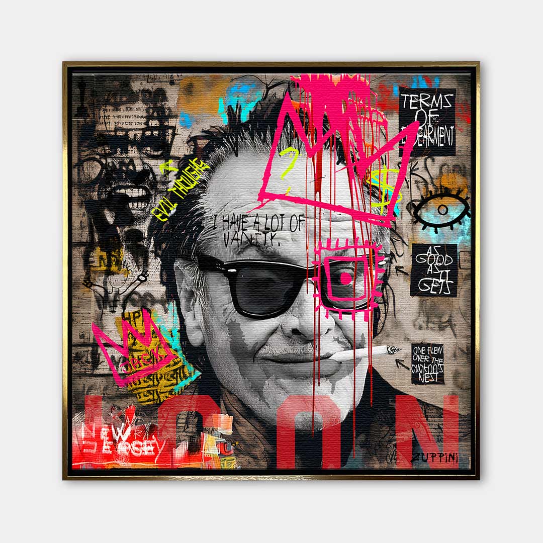 Obraz na płótnie Jack Nicholson styl pop-art street art, wydruk galeryjny czarno-biały z neonową koroną, sztuka nowoczesna limitowana edycja do salonu.