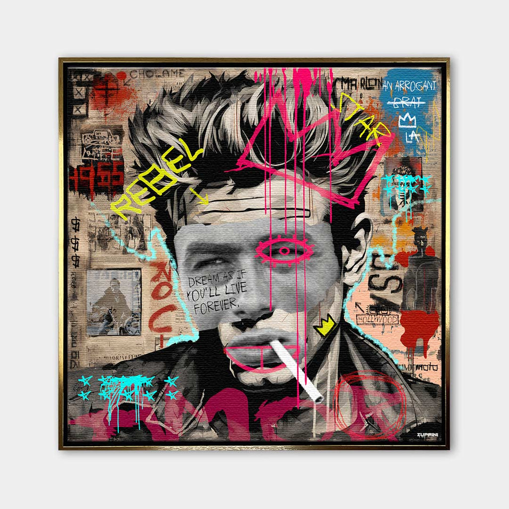 Nowoczesny obraz na płótnie James Dean Rebel, wydruk galeryjny w stylu pop-art i graffiti, portret aktora z napisem Dream as if you'll live forever, marka Huephant, limitowana edycja.