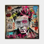 Nowoczesny obraz na płótnie James Dean Rebel, wydruk galeryjny w stylu pop-art i graffiti, portret aktora z napisem Dream as if you'll live forever, marka Huephant, limitowana edycja.