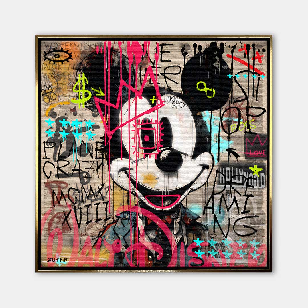 Obraz na płótnie Mickey w stylu pop-art i street-art z różową koroną. Nowoczesny wydruk galeryjny i limitowana sztuka motywacyjna do biura lub salonu.