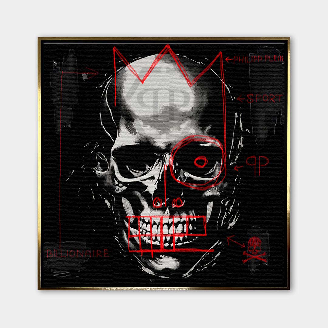 Nowoczesny obraz na płótnie Philipp Plein Billionaire. Mroczny wydruk galeryjny z czaszką i czerwonym graffiti, luksusowa sztuka do biura i salonu.