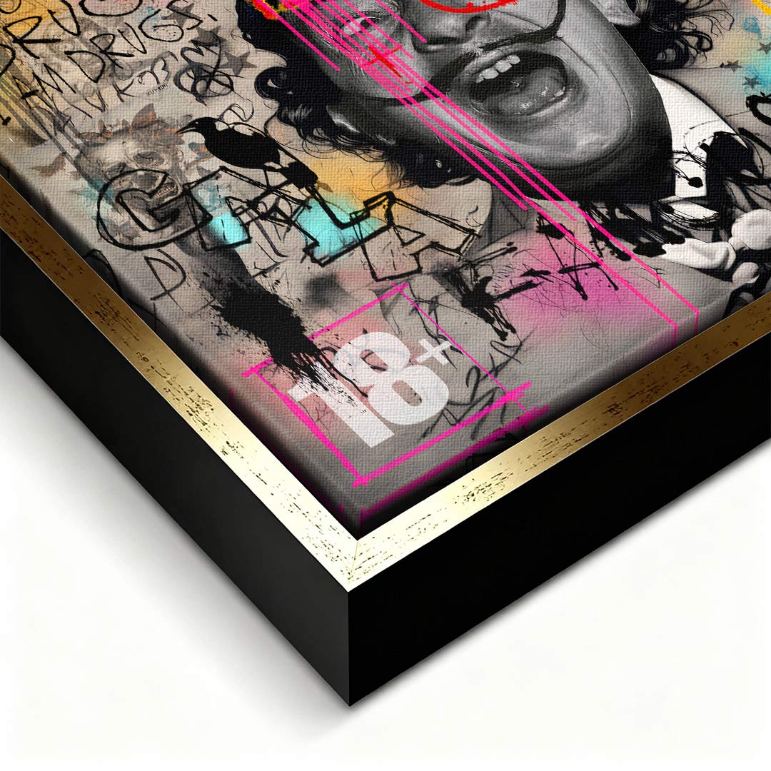 Nowoczesny obraz na płótnie Dali Manifest, wydruk galeryjny pop-art, czarno-biały portret Salvadora Dali z kolorowym graffiti, marka Huephant, limitowana edycja.