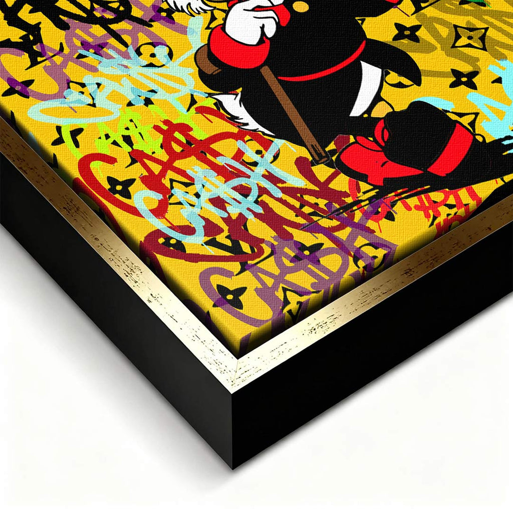 Obraz na płótnie Scrooge Cash. Nowoczesna sztuka i wydruk galeryjny pop-art ze Sknerusem McKwaczem, plikiem banknotów, graffiti i luksusowym monogramem.