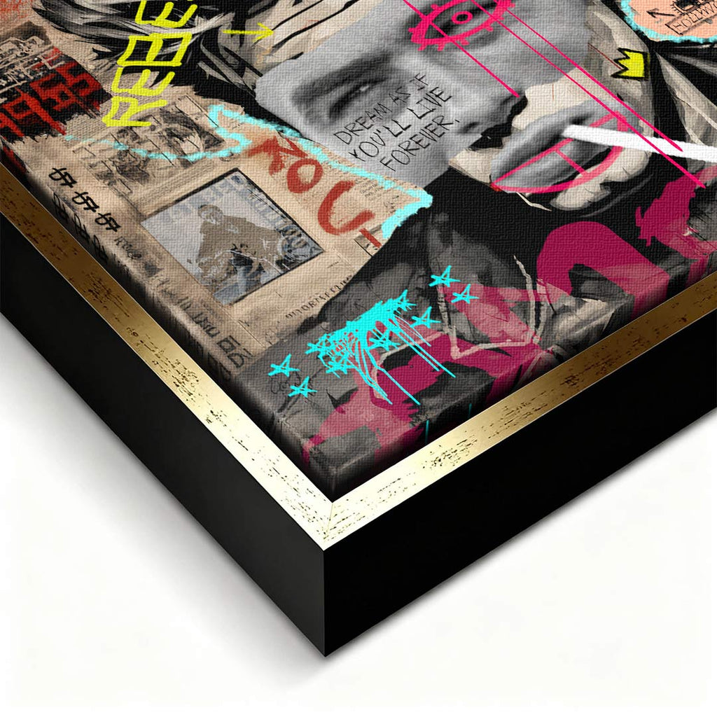Nowoczesny obraz na płótnie James Dean Rebel, wydruk galeryjny w stylu pop-art i graffiti, portret aktora z napisem Dream as if you'll live forever, marka Huephant, limitowana edycja.