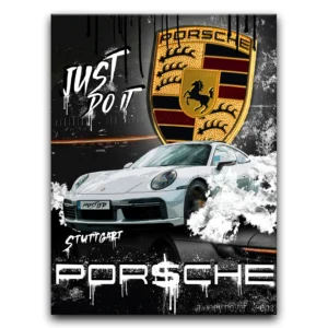 Duży obraz na płótnie na ścianę dla fanów motoryzacji. przedstawia samochód marki porsche. w tle jest napis just do it.