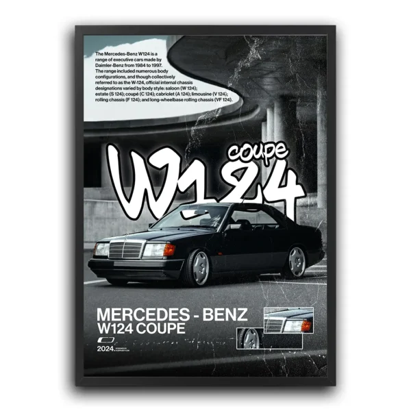 Plakat na ścianę dla fanów motoryzacji przedstawiający Mercedes-benz w124 coupe. Plakat samochód sportowy mercedes