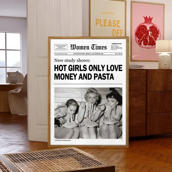 plakat hot girls love money and pasta drewniana rama trendy poster obraz na ścianę w nowoczesnym stylu dekoracja ścienna do salonu
