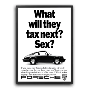 Plakat Retro Porsche 911 Tax What will they tax next obraz na ścianę do salonu obraz do biura