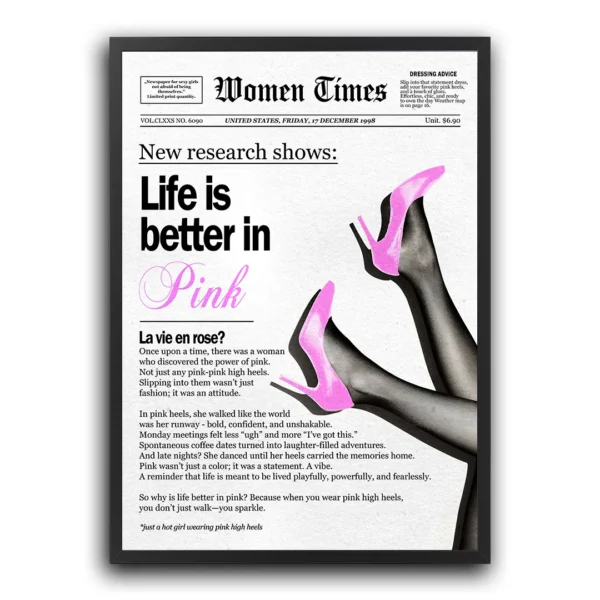 plakat life is better in pink heels dekoracja do salonu obraz na ścianę dla kobiet nowoczesny plakat Plakat Vintage Różowe Szpilki