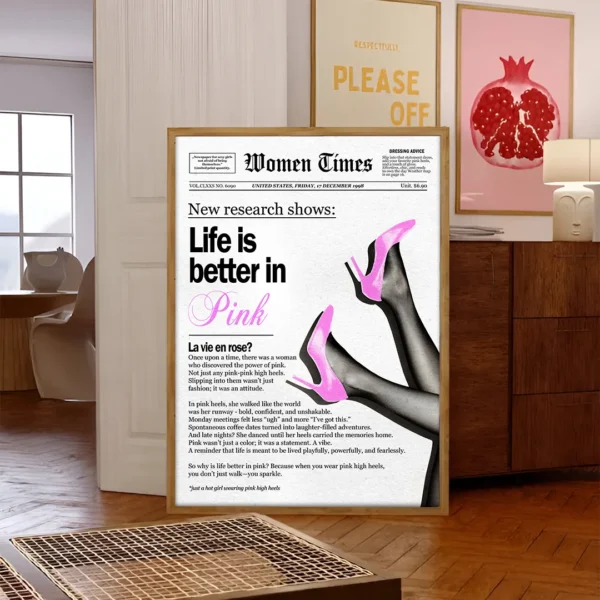 plakat life is better in pink heels drewniana rama dekoracja do salonu obraz na ścianę dla kobiet nowoczesny plakat Plakat Vintage Różowe Szpilki