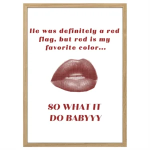 plakat red flag usta lips drewniana rama dekoracja do salonu dla kobiet idealny obraz na ścianę kobiecy trendy poster