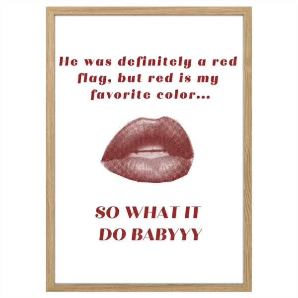 plakat red flag usta lips drewniana rama dekoracja do salonu dla kobiet idealny obraz na ścianę kobiecy trendy poster