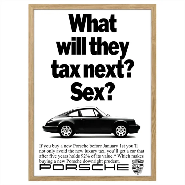 Plakat Retro Porsche 911 Tax What will they tax next obraz na ścianę do salonu obraz do biura drewniana rama