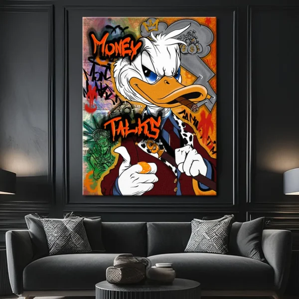 obraz na płótnie money talks duck scrooge mcduck sknerus mckwacz dekoracja ścienna w stylu pop art, dekoracja do salonu obraz na ścianę kolorowy obraz
