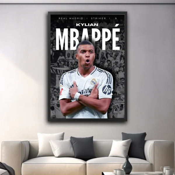 plakat piłkarski Kylian Mbappé Real Madrid francuski piłkarz obraz na ścianę z motywem piłkarskim football dekoracja na ścianę do pokoju football poster