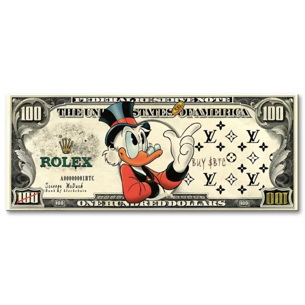 obraz na płótnie btc dollar duck dekoracja ścienna z motywem banknotu scrooge mcduck bitcoin luxury canvas luksusoswa dekoracja obraz na ścianę do salonu