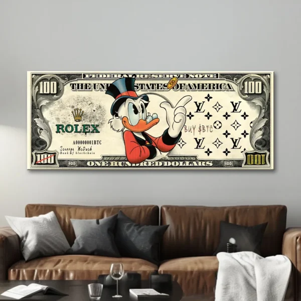 obraz na płótnie btc dollar duck dekoracja ścienna z motywem banknotu scrooge mcduck bitcoin luxury canvas luksusoswa dekoracja obraz na ścianę do salonu