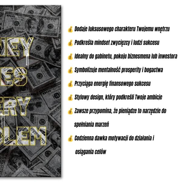 obraz na płótnie money fixes every problem styl pieniądze street art dekoracja na ścianę hustle mentality obraz na ścianę z motywem pieniędzy i sukcesu benefity