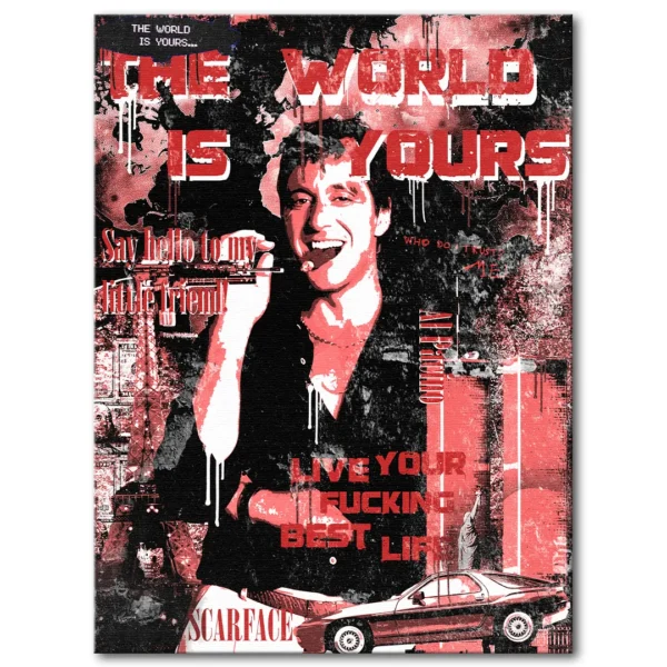 obraz na płótnie the world of scarface dekoracja ścienna al pacino obraz na ścianę pop art scarface the world is yours canvas płótno czerwony obraz do powieszenia